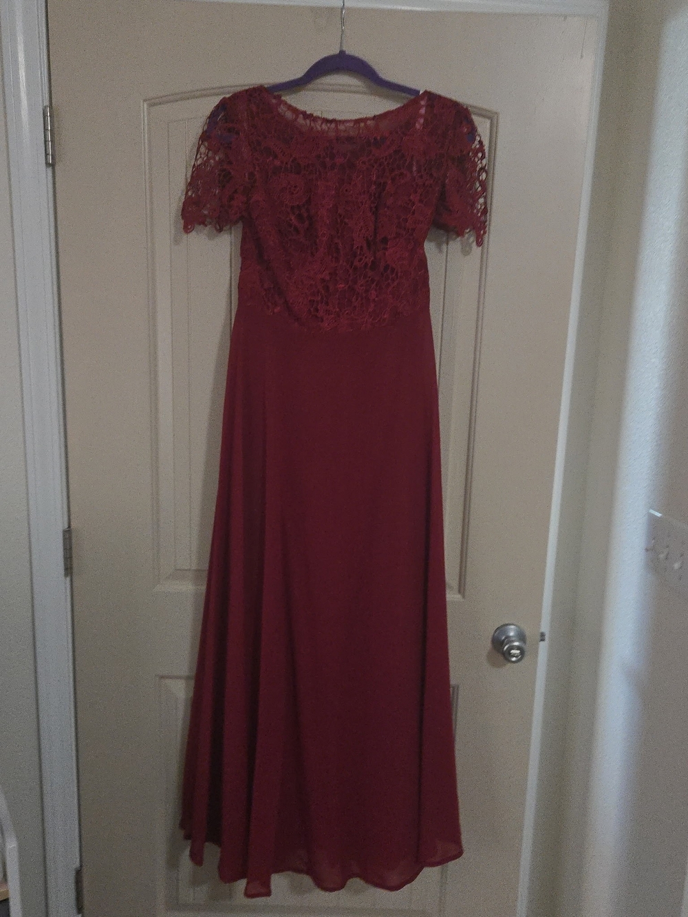 JJs House Burgundy Lace Applique Long Sleeve Evening Gown